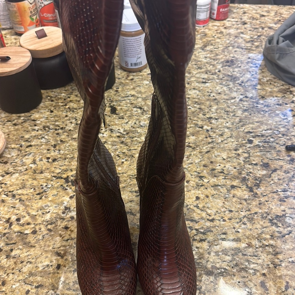 U. Louise et Cie boots, 7.5 brown snake skin tall boots, mid high heel